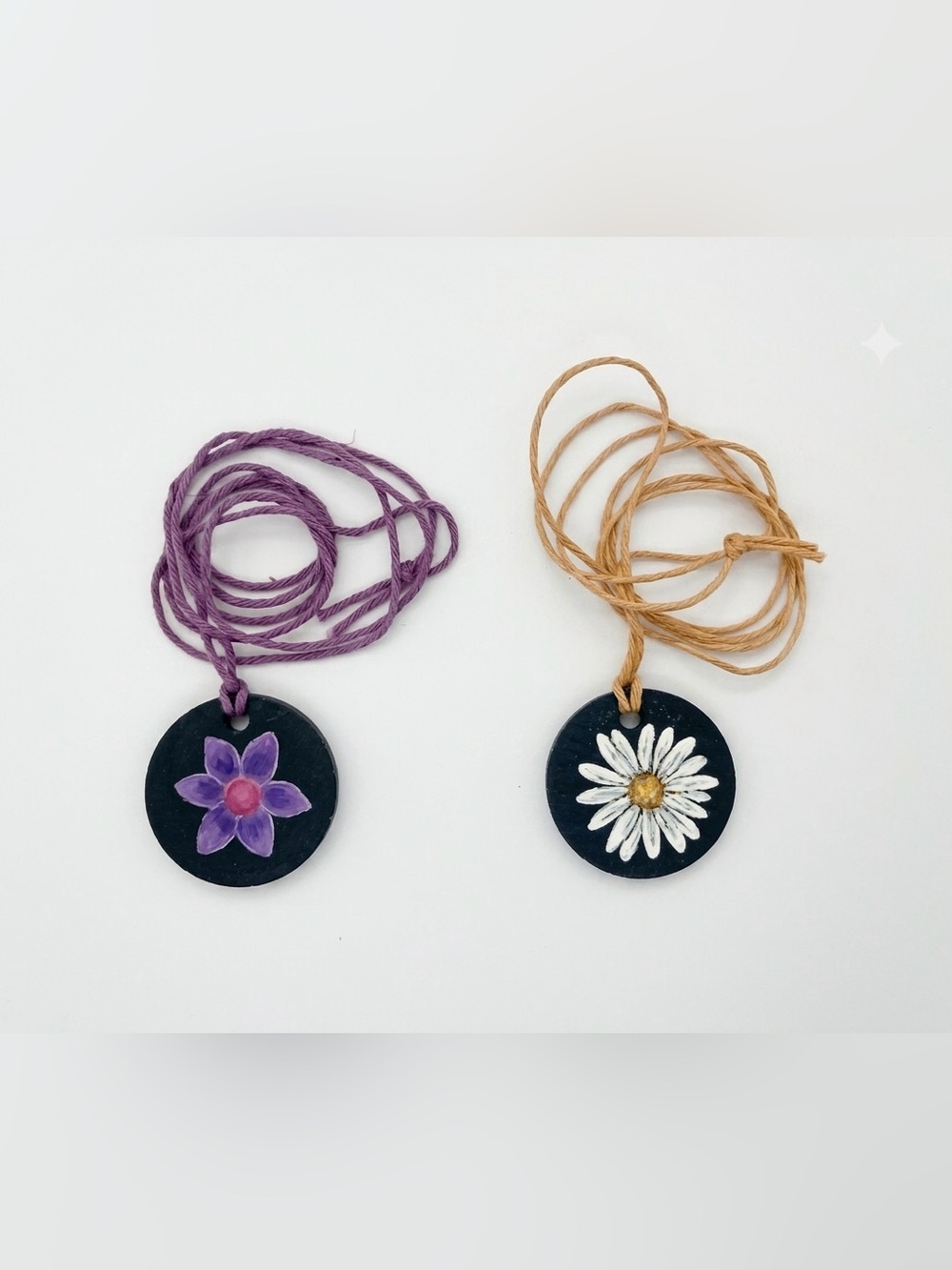 Handpainted Floral Slate Pendant Necklace Set of 2 - Purple Flower and White